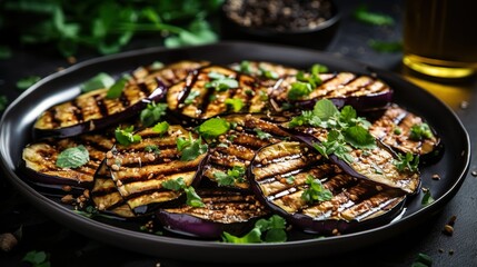 A platter of freshly grilled aubergine. Serving fancy eggplant in a restaurant. - obrazy, fototapety, plakaty