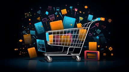 shopping cart with colorful digital cubes on dark background 3d rendering