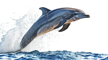 Bottlenose dolphin jumping out of the sea, water splashing over the surface, isolated on a transparent background