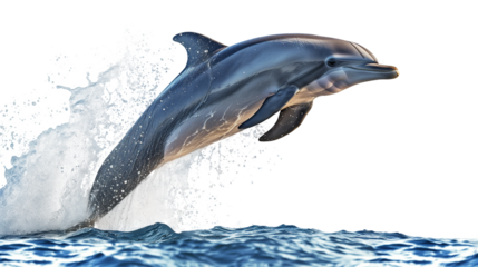 Bottlenose dolphin jumping out of the sea, water splashing over the surface, isolated on a transparent background