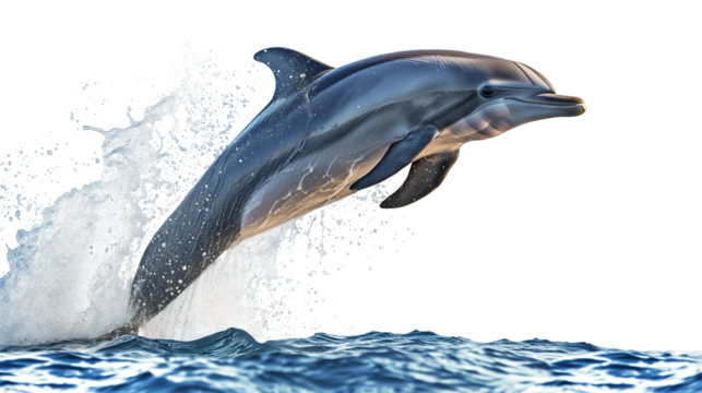 Bottlenose dolphin jumping out of the sea, water splashing over the surface, isolated on a transparent background