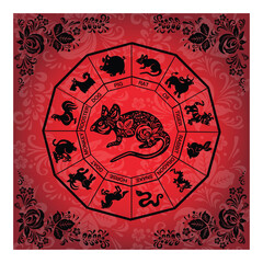 Black ethnic boho rat, mouse on the background of a red banner