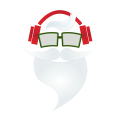 Head of Santa in headphones listening to music and glasses. 