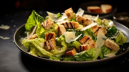 Closeup of Classic healthy grilled chicken caesar salad with cheese, tomatoes, and croutons on wooden table over dark background. Serving fancy food in a restaurant.