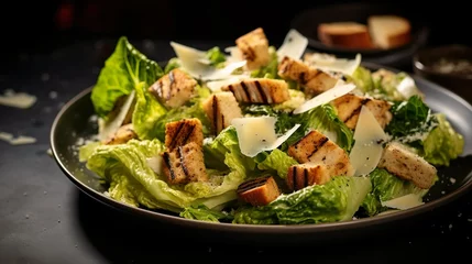 Poster Closeup of Classic healthy grilled chicken caesar salad with cheese, tomatoes, and croutons on wooden table over dark background. Serving fancy food in a restaurant. © lanters_fla
