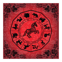 Horse, equestrian card in red and black colors in ethnic Russian style, symbol of the year, vector illustration eps 10