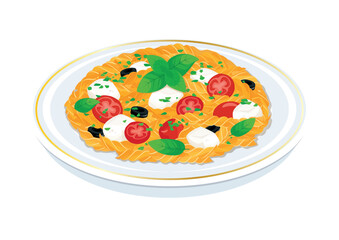 Fusilli pasta with cherry tomato, mozzarella cheese, olive and basil leaf vector illustration. Plate of Fusilli alla Caprese icon vector isolated on a white background. Spiral pasta on a plate drawing