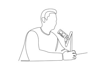 One continuous line drawing of Recording audio podcast or online show concept. Doodle vector illustration in simple linear style.