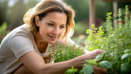 Fototapeta premium Kobieta zrywająca zioła. Uprawa ziół w domowym ogródku. Przyprawy w kuchni, jedzenie organiczne