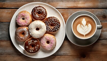 Donuts with icing and chocolate and cappuccino coffee in a cup

 - Powered by Adobe
