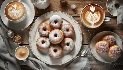 Foto op Plexiglas Pączki posypane cukrem pudrem i kawa cappuccino w filiżankach © Monika