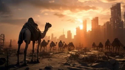  visually striking composition of camels traversing through the remnants of a city, framed by dilapidated high-rise buildings, with the sun setting behind them against a picturesque blue sky © Muhammad