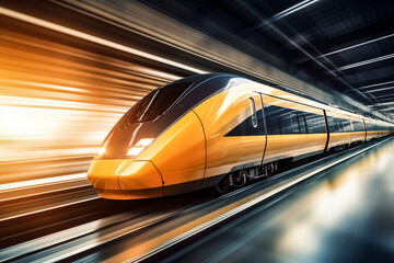 Fototapeta premium Generative AI illustration of high-speed train in motion with dynamic motion blur through a modern station