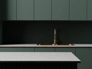 White marble kitchen tabletop with empty space for your product display over beautiful dark sage green kitchen room background. Silver sink details. Minimal elegant trendy kitchen. 3d rendering. - obrazy, fototapety, plakaty