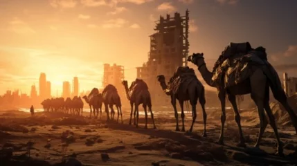 Rugzak dramatic moment with a herd of camels making their way through a devastated city, surrounded by damaged high-rise structures, while the sun bathes the scene in warm light against a clear blue sky © Muhammad