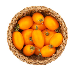 orange plum tomato basket path isolated on white top view