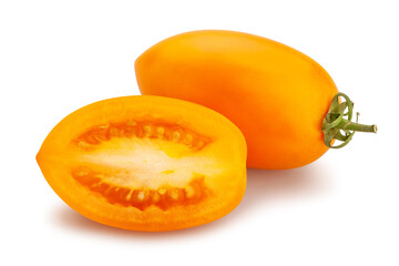 sliced orange plum tomato path isolated on white