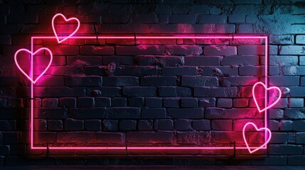Pink and red neon heart shapes mounted on an aged brick wall, exuding charm and romance in the design