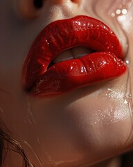 Close-up image showing the moist texture and rich color of sumptuous red lips