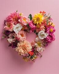 A heart-shaped arrangement with a riot of colorful flowers against a pink background, symbolizing love and celebration