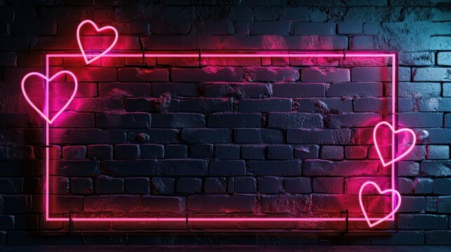 Pink and red neon heart shapes mounted on an aged brick wall, exuding charm and romance in the design