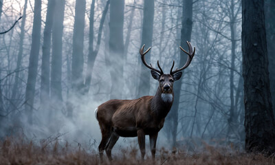 deer in the forest with smoke