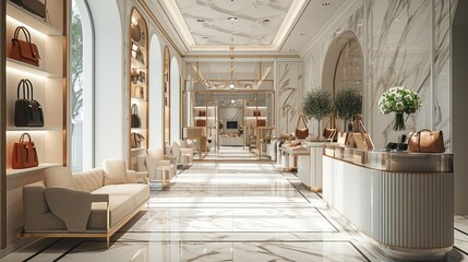 A luxurious and modern boutique interior for a high-end handbag brand. Generative AI.