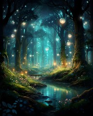 Fantasy forest at night with lights and fog. 3d rendering