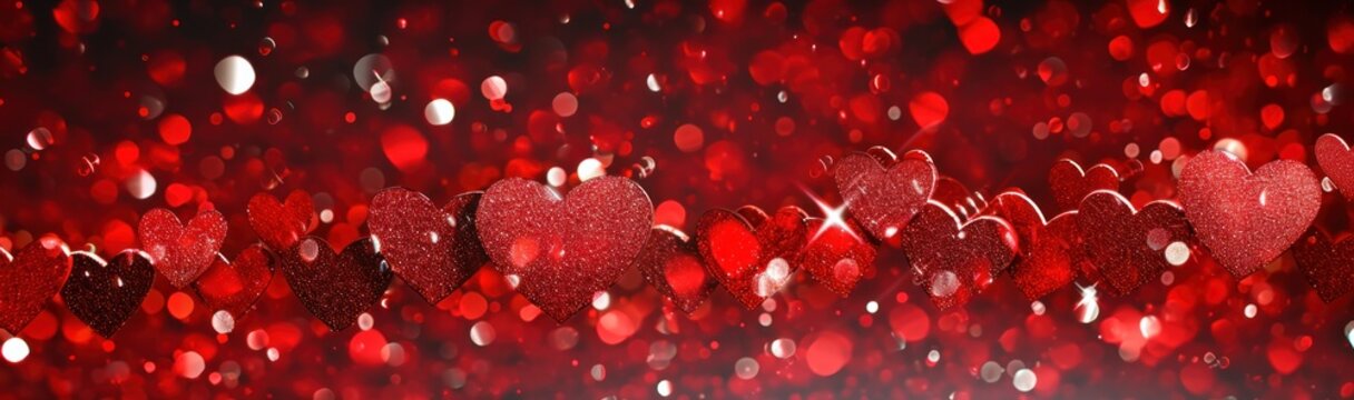 A panoramic image capturing the essence of celebration with glittering red heart-shaped bokeh effects