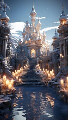 Fantasy winter scene with fantasy temple. 3D illustration, 3D rendering.