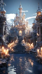 Fotobehang Fantasy winter scene with fantasy temple. 3D illustration, 3D rendering. © Iman