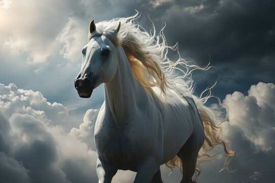 White horse bursting through clouds. Generative AI.