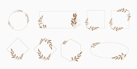 Hand drawn vintage floral wreaths, frames, corners with flowers, branches and leaves. Trendy greenery elements in line art style. Vector for label, corporate identity, wedding invitation, card - obrazy, fototapety, plakaty
