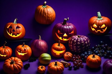 Halloween fruits and pumpkins in 3D on a purple background