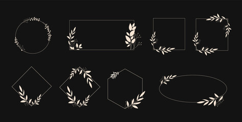 Wedding logo. Minimalistic geometric floral empty frames. Calligraphic round or square shapes with branches and flowers. Elegant herbs or blossoms. Vector botanical outline borders set - obrazy, fototapety, plakaty