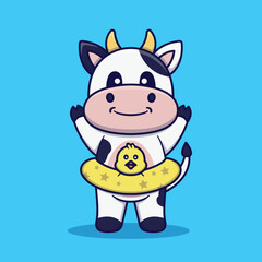 Cute Cow Wearing Lifebuoy Vector Cartoon Illustration