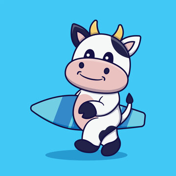 Cute Cow Walking Holding Surfing Board Vector Cartoon Illustration