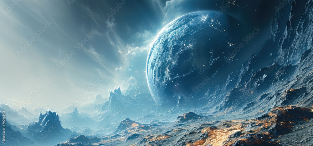 Poster Small planet on an orbit of a massive planet. Generative AI.