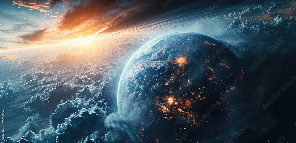 Poster Small planet on an orbit of a massive planet. Generative AI.