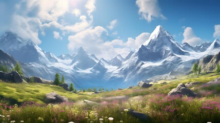 Panoramic view of the mountains and meadow with flowers.