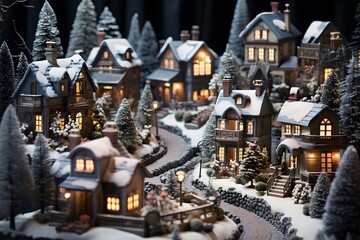 Fototapeta na wymiar Miniature winter village with houses, trees and snow on the ground