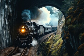 Drone view of a steam engine train passing through a tunnel. Generative AI. - obrazy, fototapety, plakaty
