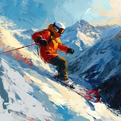 A skier glides down a snow-covered slope, painting