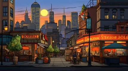 Illustration of a night city street with a restaurant in the foreground