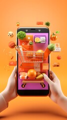 Online shopping concept. Hand holding mobile phone with grocery cart on orange background