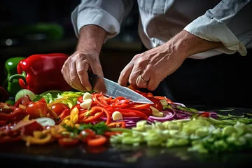 Fotobehang chef preparing food and cutting vegetables in the kitchen © Psd