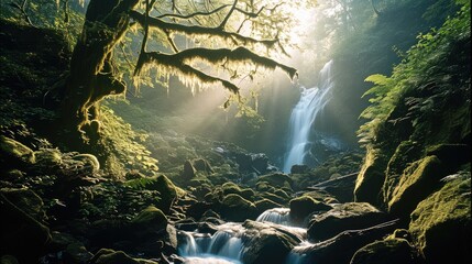 Fototapeta na wymiar An abundant waterfall in the lush forest with light glistening on it's. Generative AI.