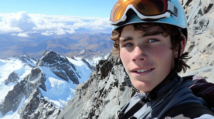 handsome man with Ski goggles, ski clothing and Ski helmet, selfie