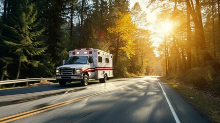 Ambulance Rushing Through a Sunlit Forest Road - obrazy, fototapety, plakaty