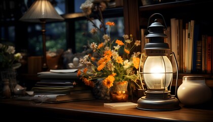 Fototapeta na wymiar lamp and books on the table in a cozy room with flowers